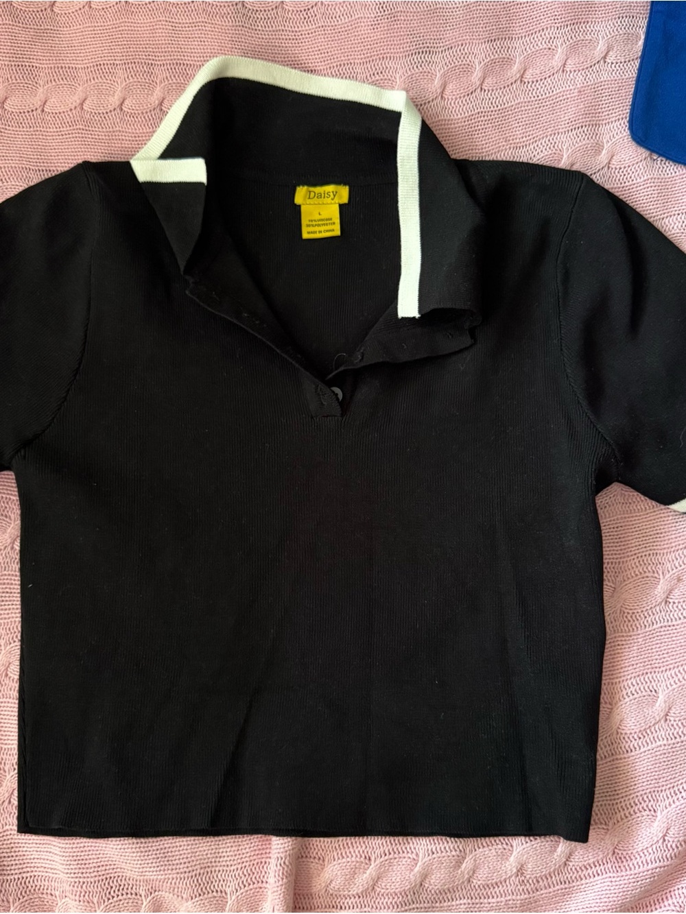 Daisy Black Polo Top with White Collar Trim